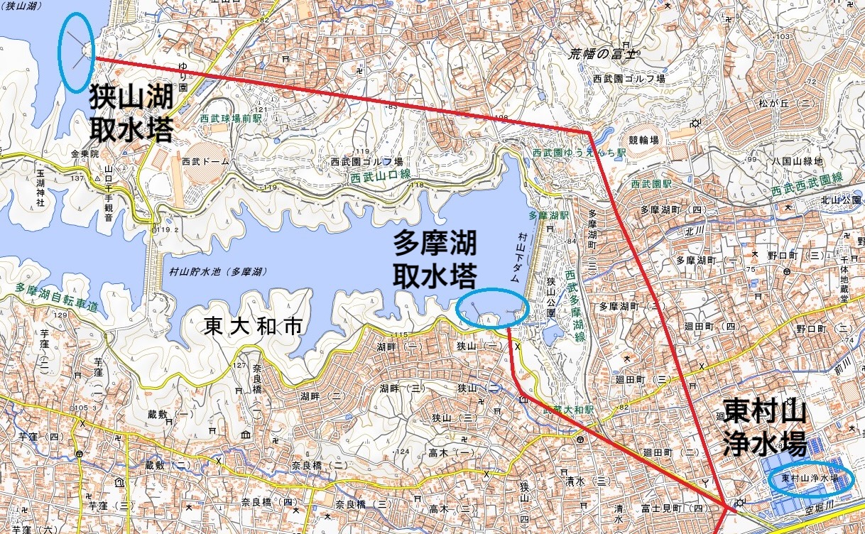 取水塔からの地下水路ルートマップ