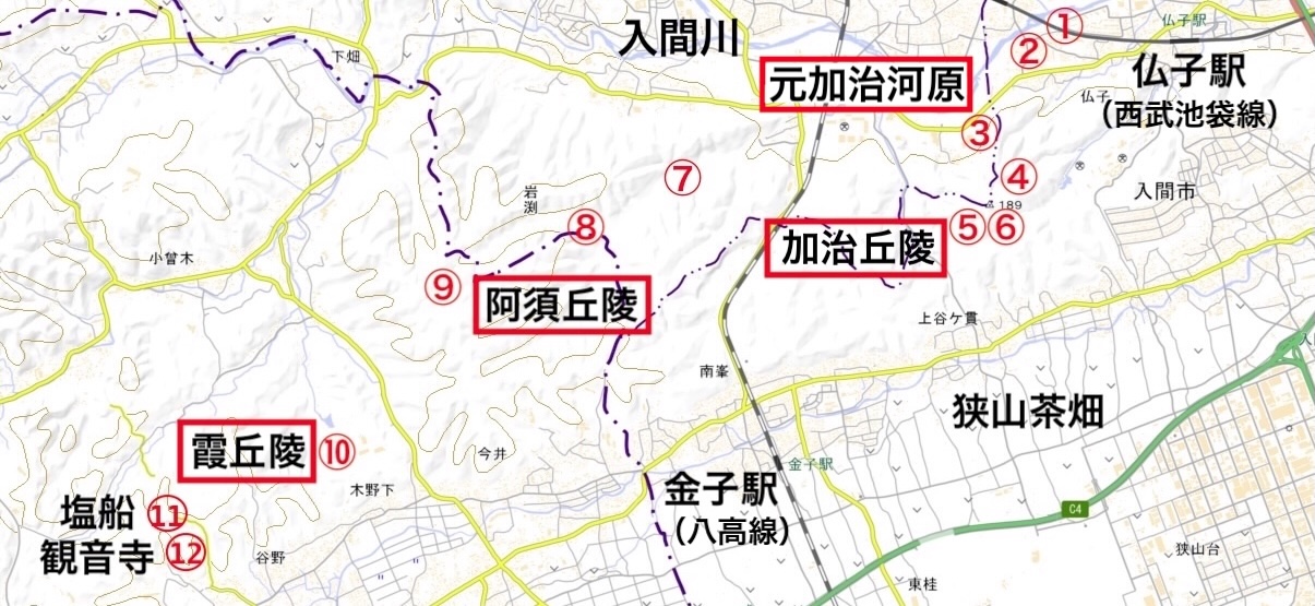 加治丘陵・阿須丘陵・霞丘陵の地図