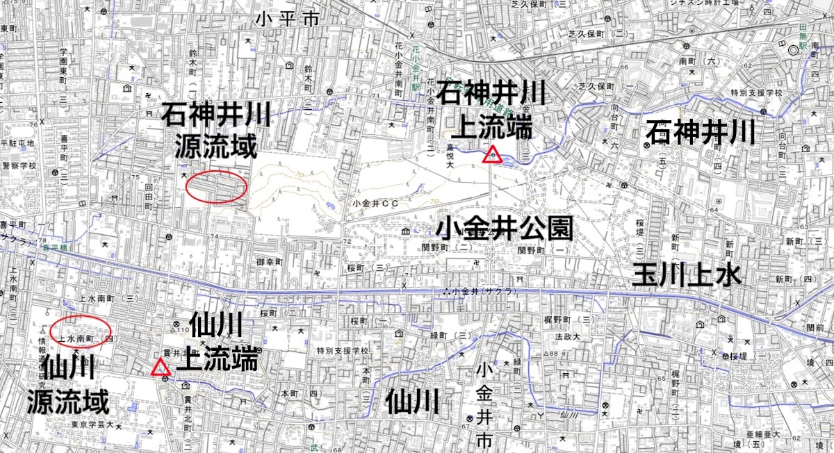 石神井川と仙川の上流端の地図