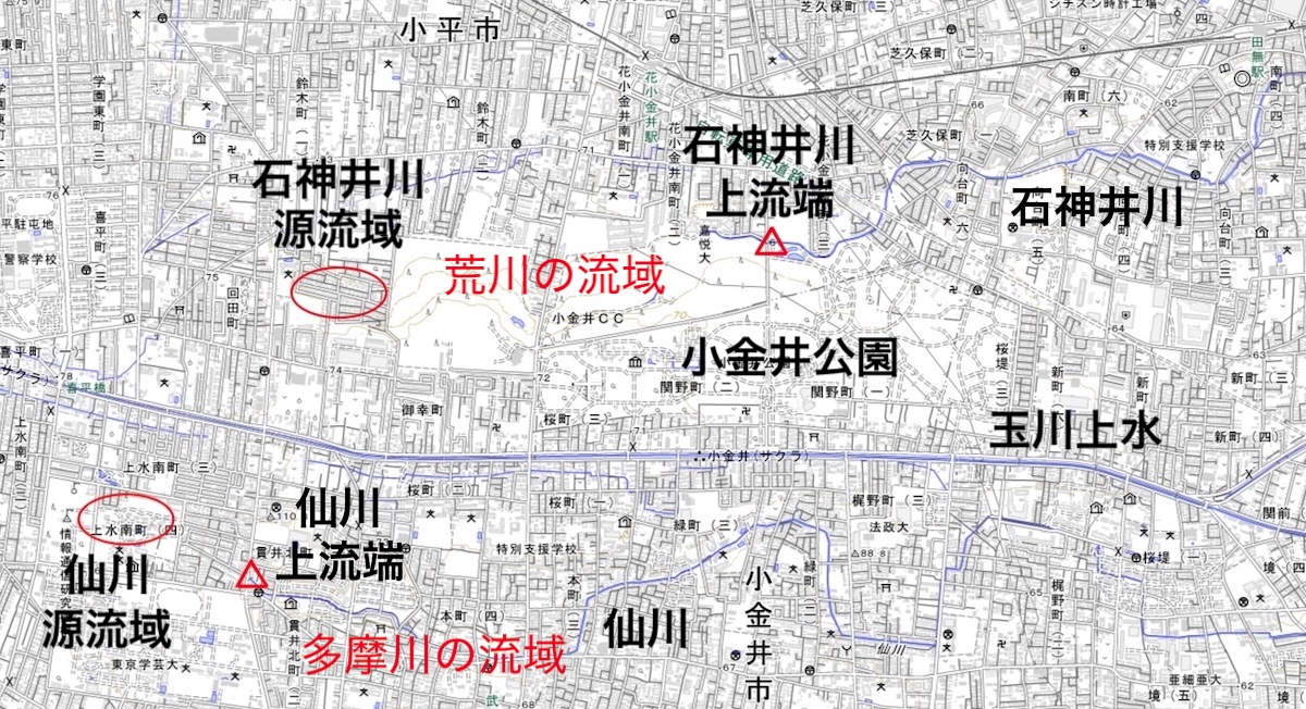 石神井川と仙川の上流端の地図
